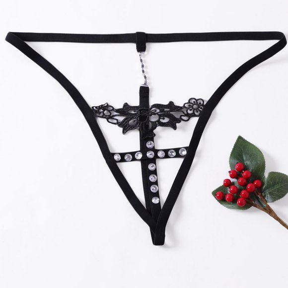Black Timeless Elegance Peek-A-Boo Rhinestone G-string OS panties Lingerie - Picture 4 of 4